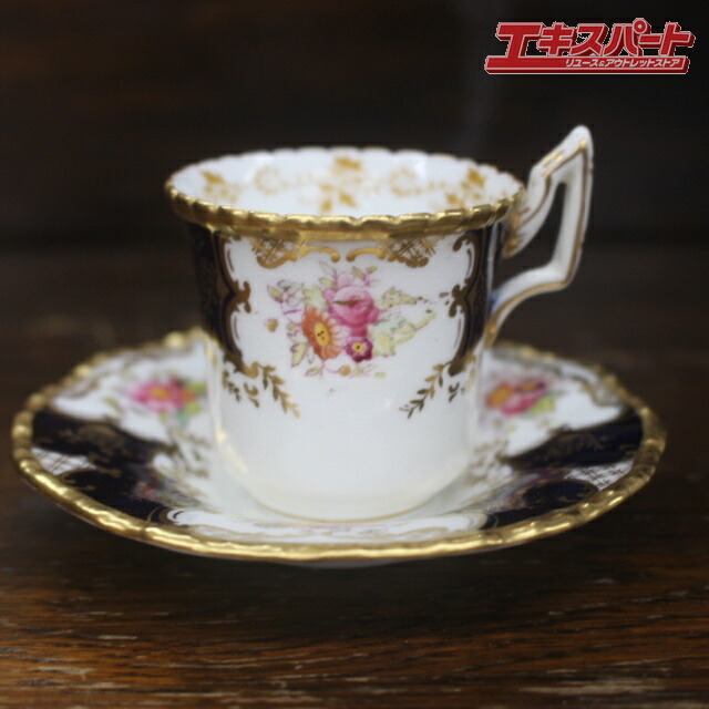 1891年-1919年 アンティーク コールポート COALPORT バットウィング 藍色金彩花柄 デミタス