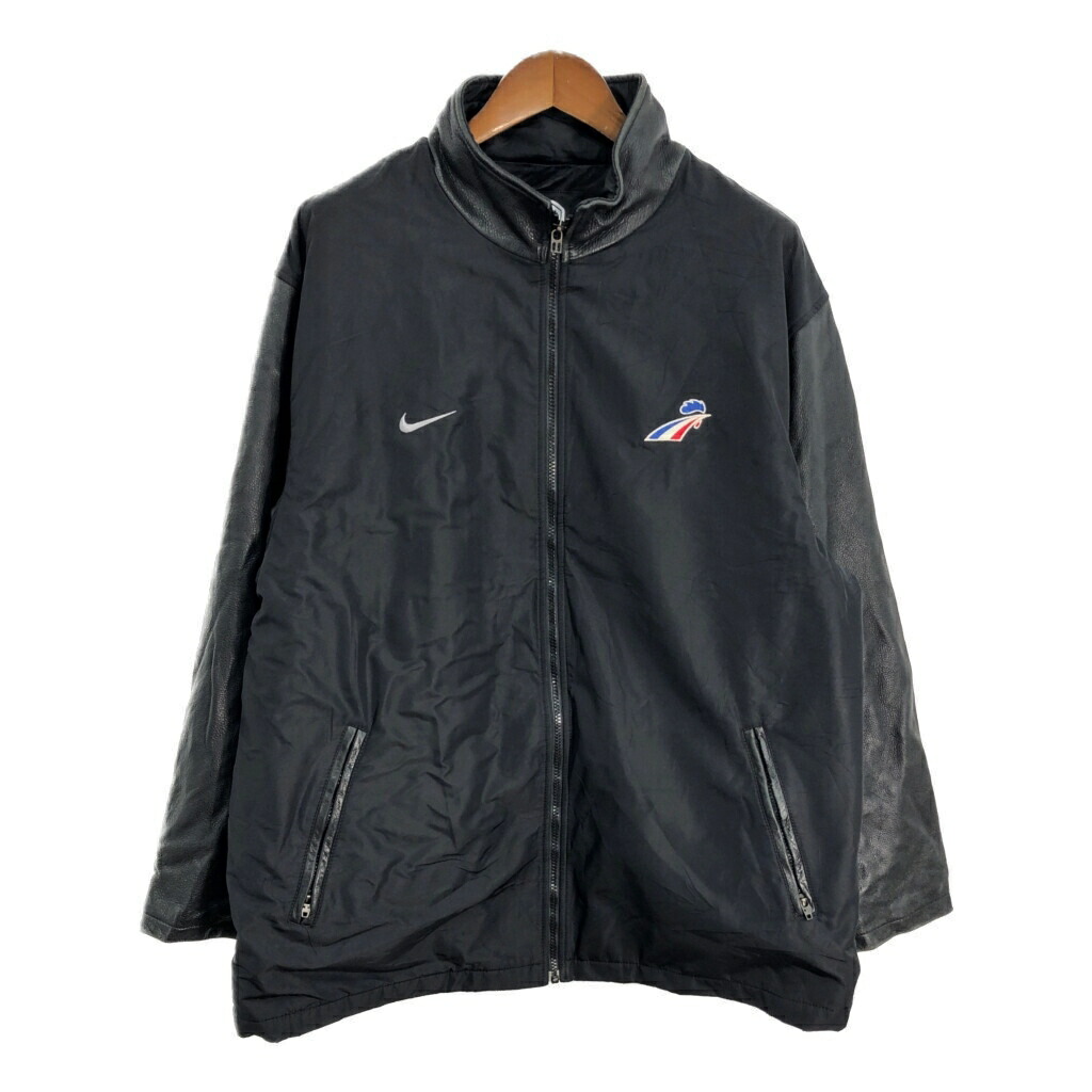 カナダ製 NIKE ナイキ フランス 泥臭 レザージャケット スポーツ ブラック (メンズ XL) 中古 古着 S3519