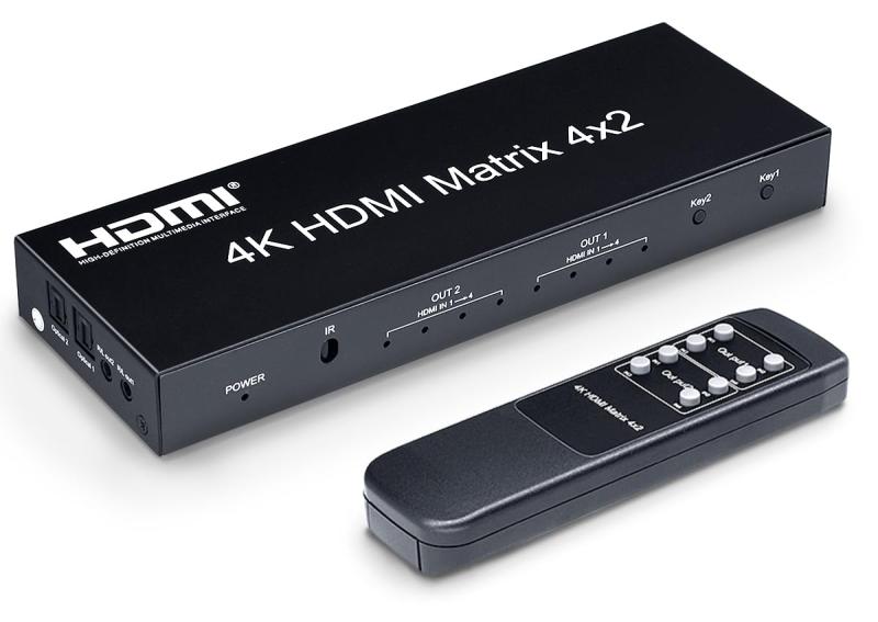 ELEVIEW 4K 60Hz HDR対応 HDMI マトリックス セレクター 4入力 2出力 音声 分離 (光デジタル・3.5mmステレオ音声出力)｜HDMI2.0  HDCP2.2 異なる解像度出力可能 ダウンスケール機能 hdmi 切替 少し 分配器 スプリ