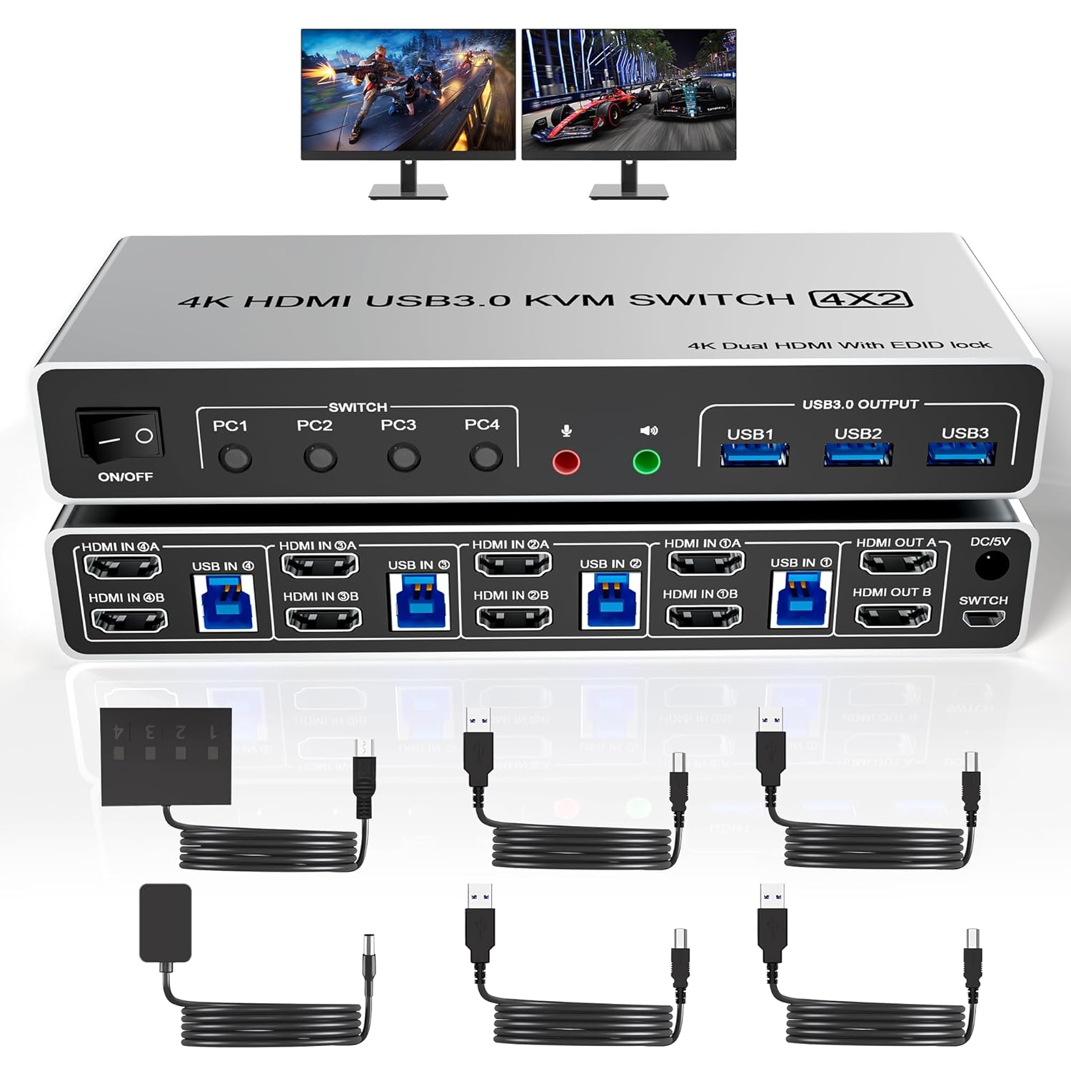 Conmutador KVM HDMI USB 3.0 2 monitores 4 ordenadores, compatible