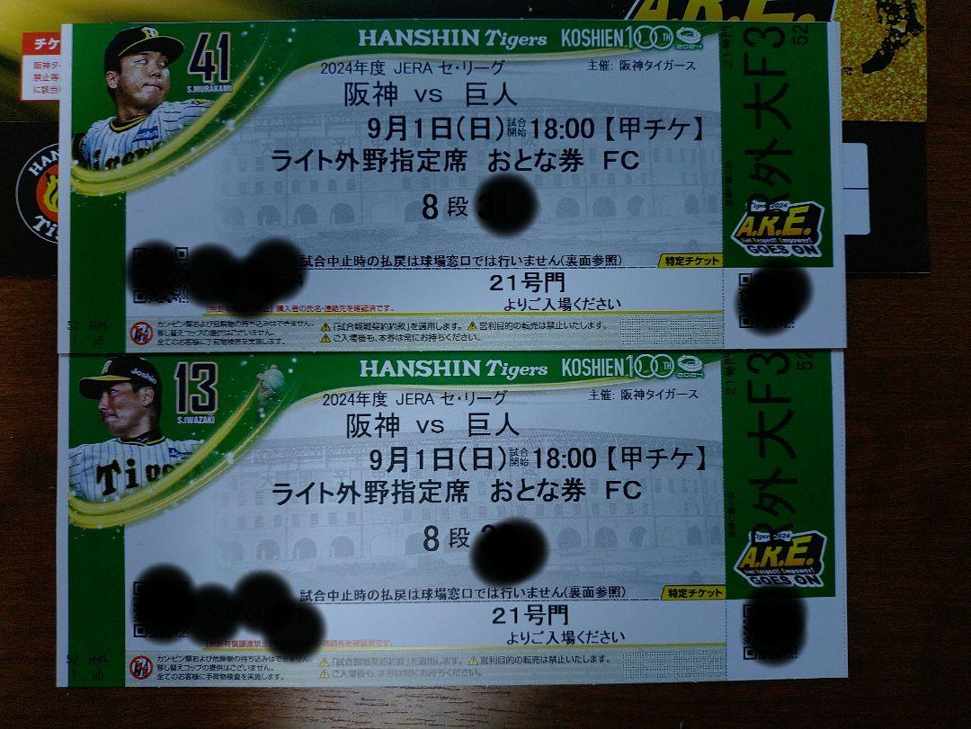 9月1日 阪神vs巨人 甲子園 ライト外野指定席 大人2枚