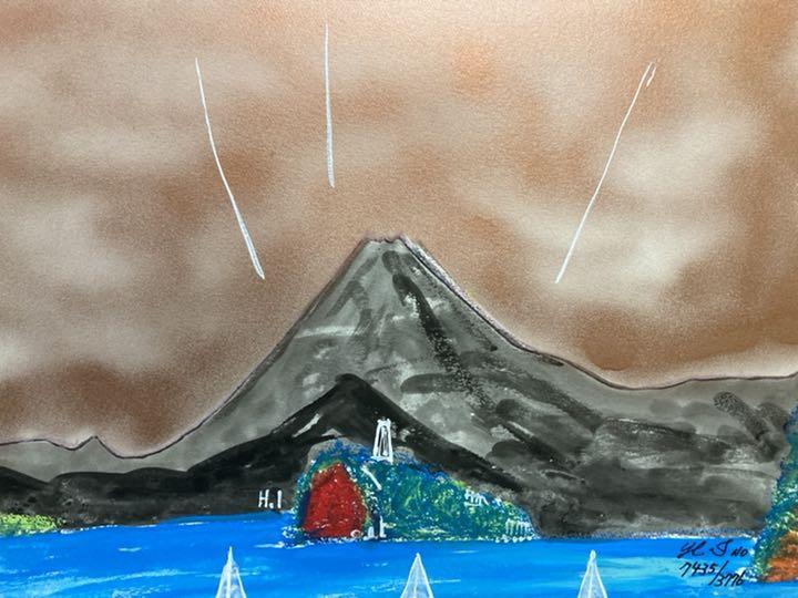 空飛ぶ画家糸川裕志の富士山曼荼羅図、水彩画