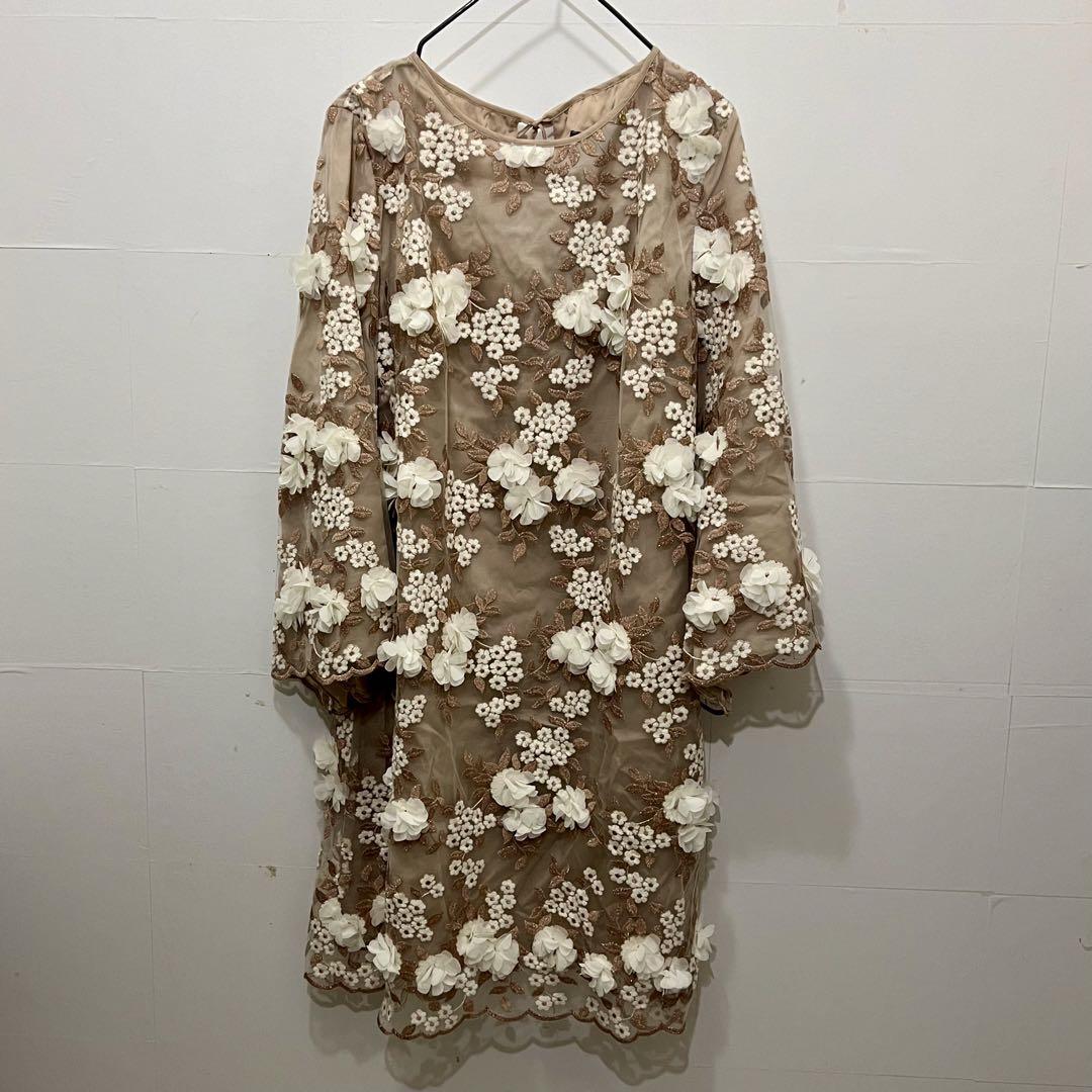 MARY D`ALOIA 心地よく 刺繍ドレス パープルピンクフラワー 結婚式 イタリア製