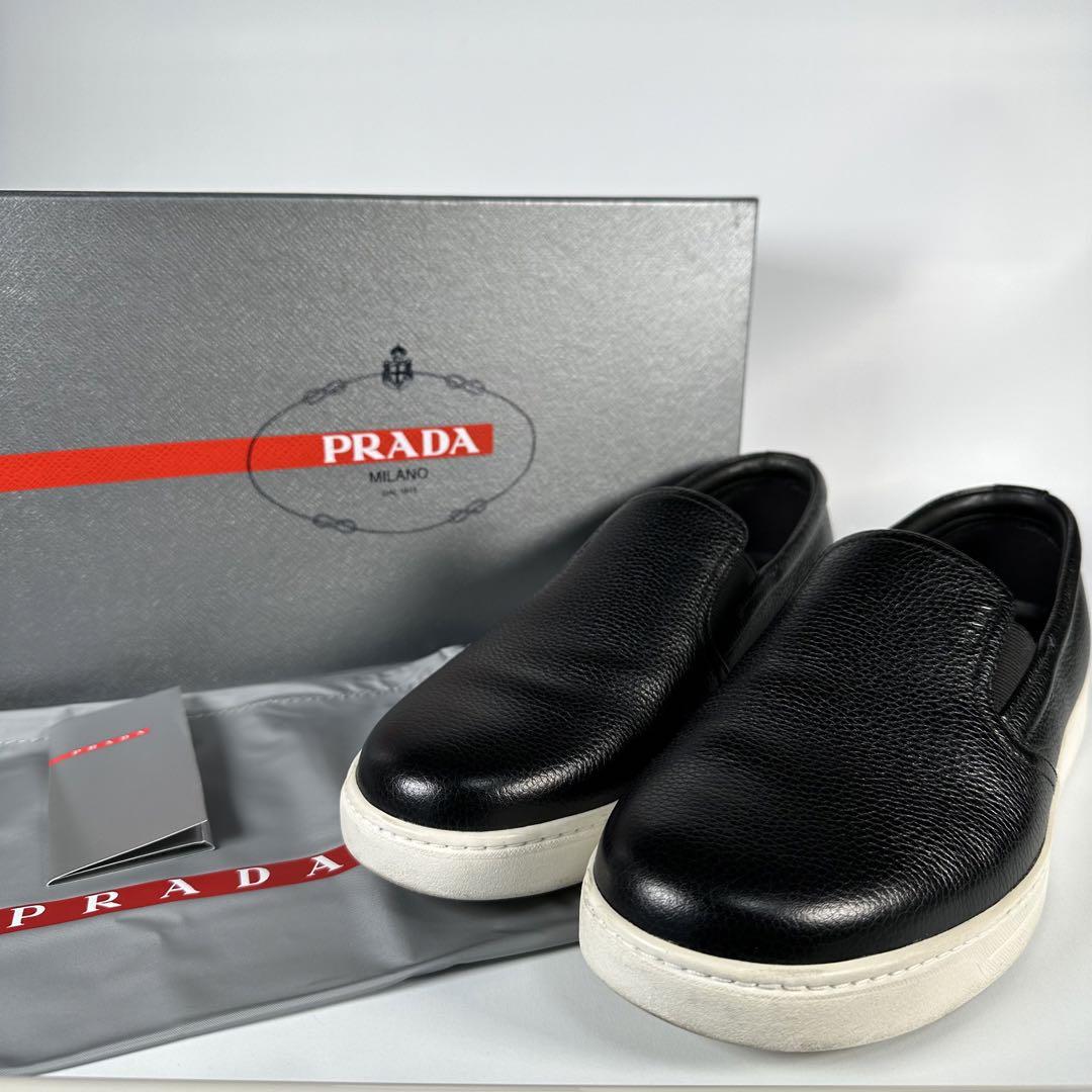美品 PRADA プラダスポーツ レザー 本革 スリッポン スニーカー ブラック
