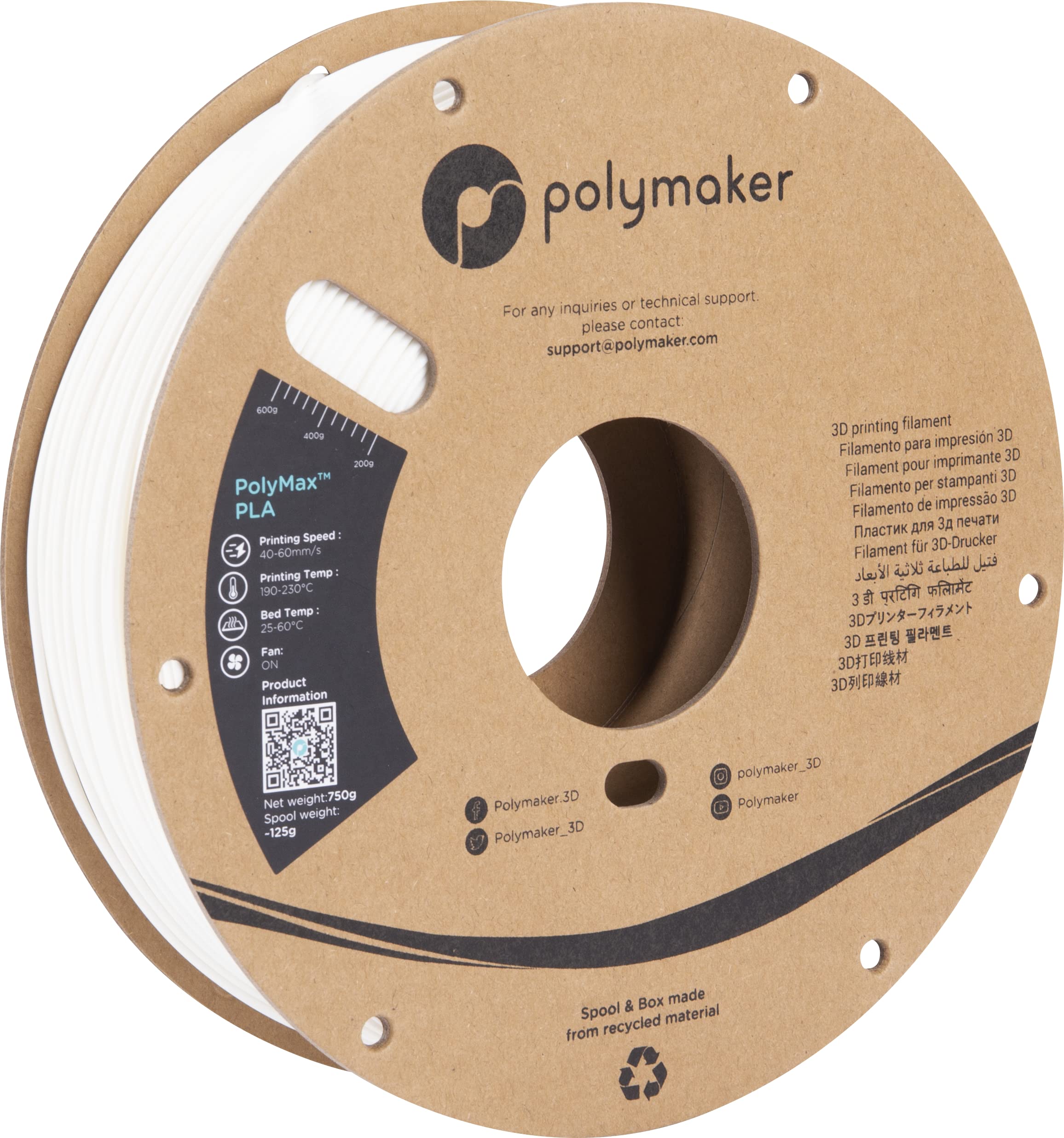 Polymaker Tough PLA 1.75mm 3Dプリンターフィラメント 750g ホワイトPLAフィラメント段ボールスプール - PolyMax  PLA