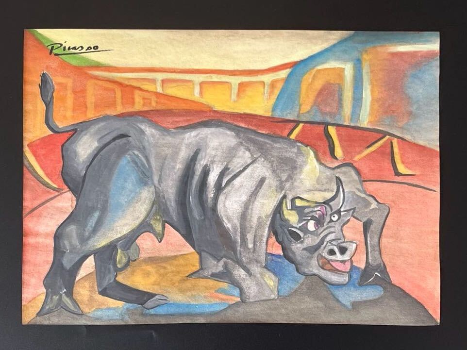 超貴重!!! パブロ ピカソ 肉筆 Picasso「闘牛シーン」1937 ミックスメディア 油彩 額装 煩い オルセー