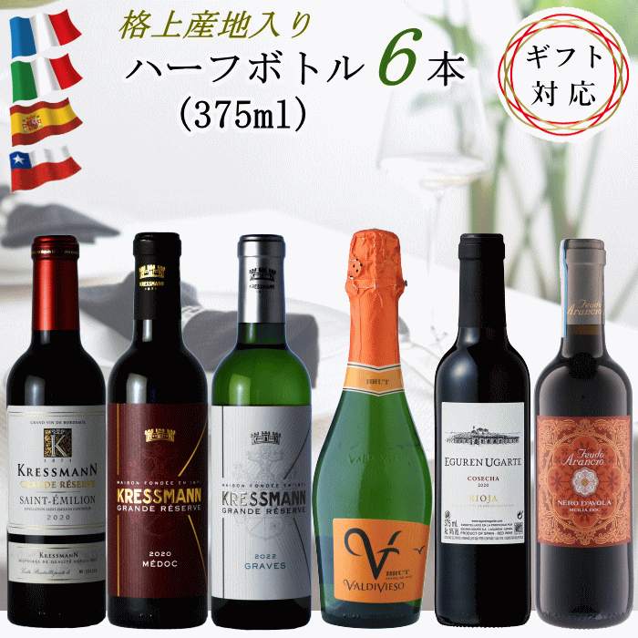 ワイン ハーフボトル 375ml 6本 きよし セット フランス イタリア スペイン チリ 飲み比べ 赤4