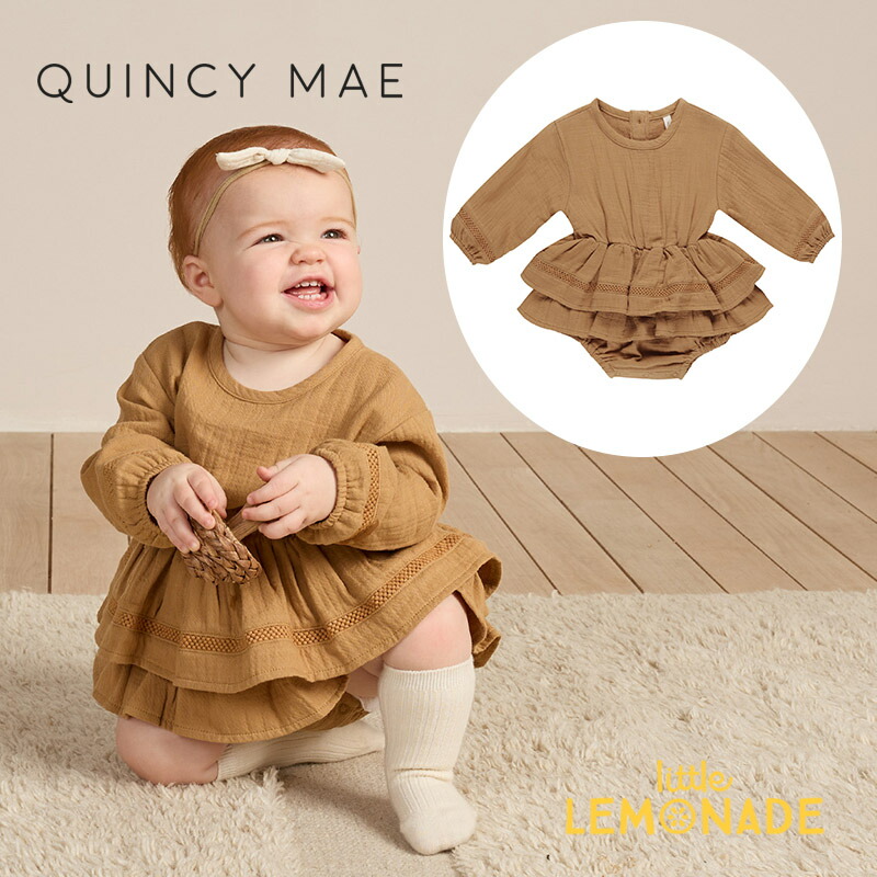 【Quincy Mae】ROSIE ROMPER 【6-12か月/12-18か月/18-24か月】GOLDEN ロンパース ワンピース スカート型  長袖 ベビー クインシーメイ 赤ちゃん 子ども とおく フリル ブラウン 無地 新生児 出産祝い 女の子 リトルレモネード ベビー服 アパレル  AW24 ...