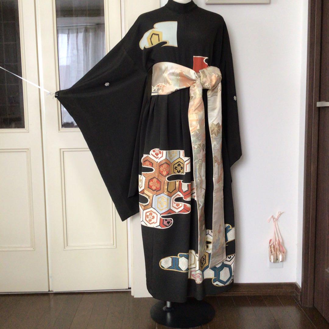 着物リメイク留袖スタンドカラー中振袖ロングドレス すく