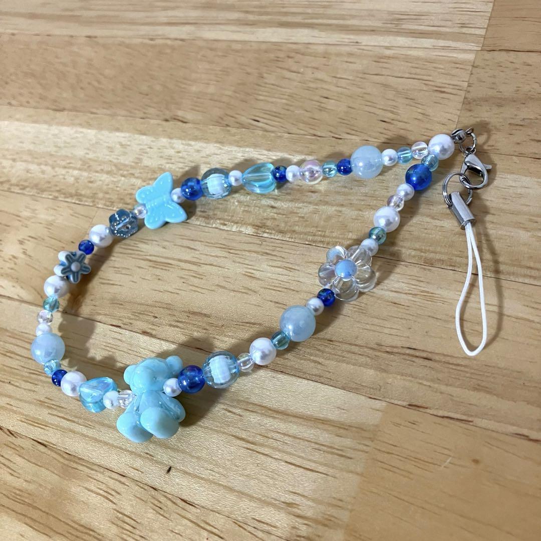 ハンドメイド ビーズストラップ ビーズキーホルダー くま 青 ハンドメイド ビーズストラップ ビーズキーホルダー くま 青