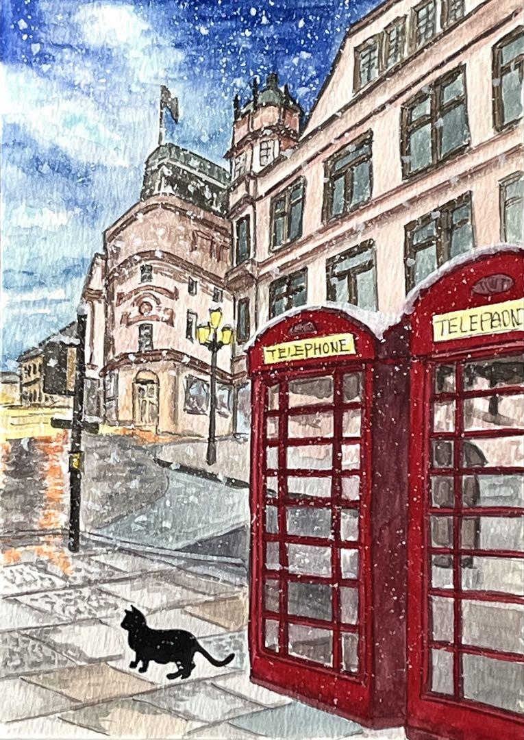 原画#3465 黒猫　薔薇　ベネチア　雨　絵画　水彩画　ドローイング　インテリア 原画#3465 黒猫 薔薇 ベネチア 雨 絵画 水彩画 ドローイング