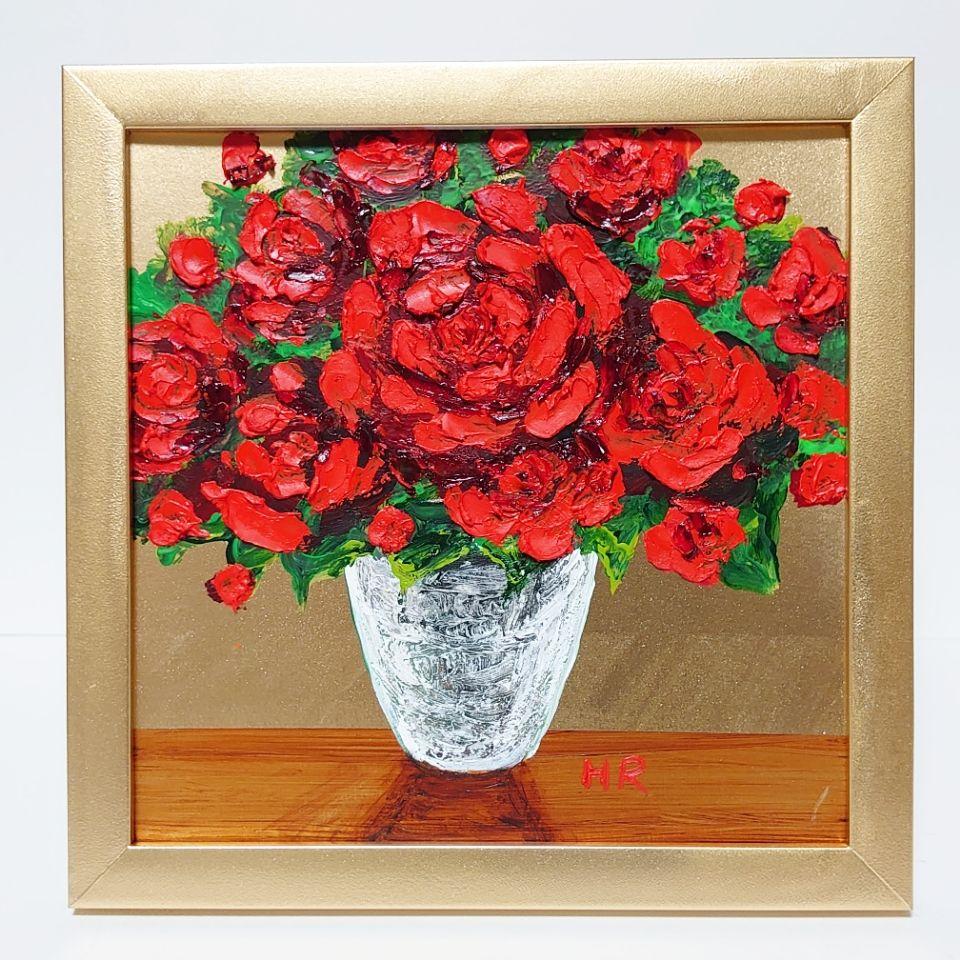 油絵 ミニ絵画【赤い薔薇】 太けれ
