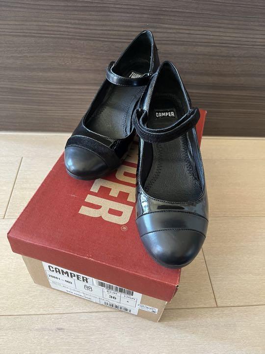 美品！カンペール ストラップ ウェッジ パンプス 黒 レザー 36