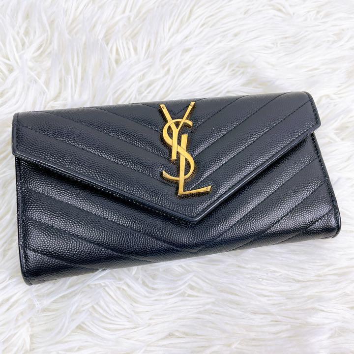 極美品】 サンローラン カサンドラ 長財布 キャビアスキン ブラック YSL