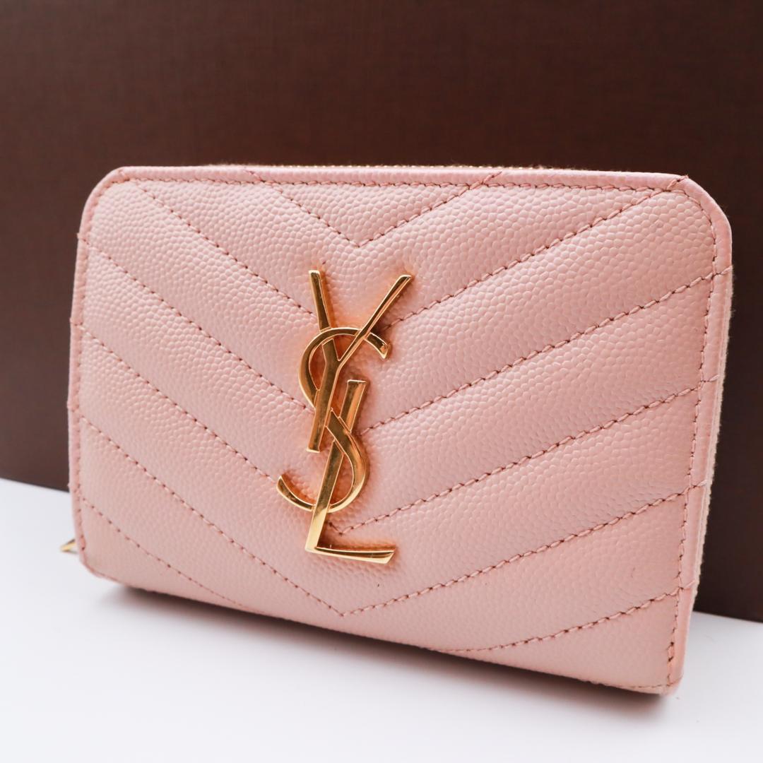 美品】サンローラン 折財布 キャビアスキン Vステッチ ピンク 温