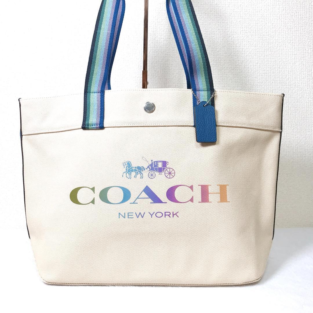 レインボーカラーの綺麗めトート✨COACH コーチ ロゴ キャンバストート