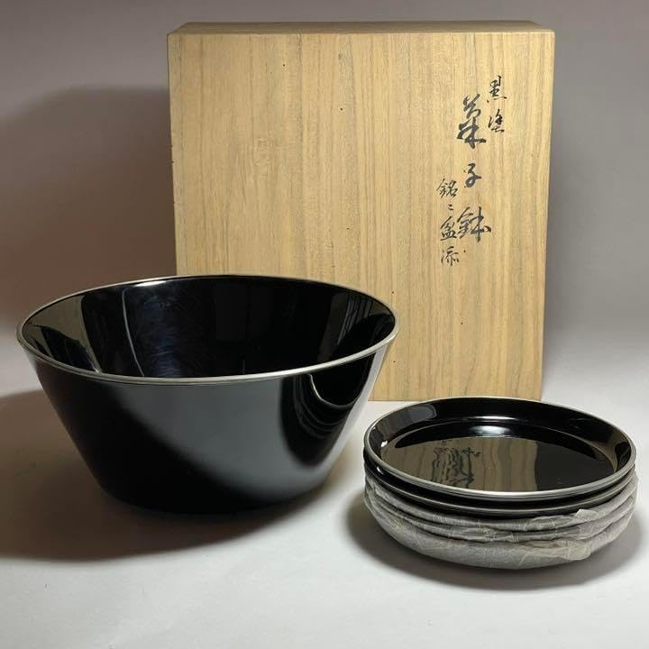 黒漆菓子器と銘々皿五枚 京漆器 三象漆園造