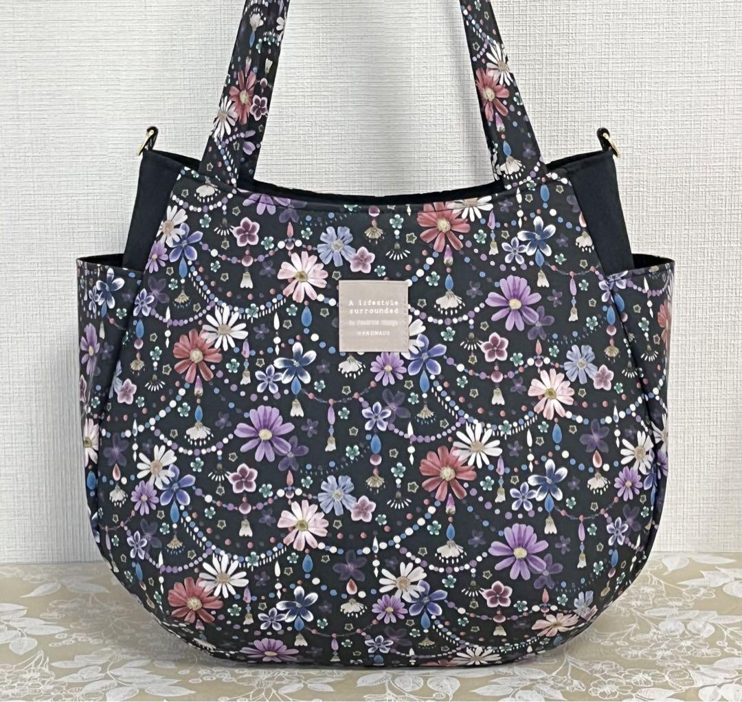 チューリップ型バッグ リバティFloral Garlandブラック ハンドメイド