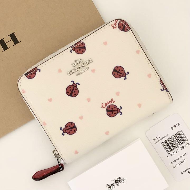 COACH コーチ ラウンドファスナー 折り財布 ホワイト レッド てんとう虫柄