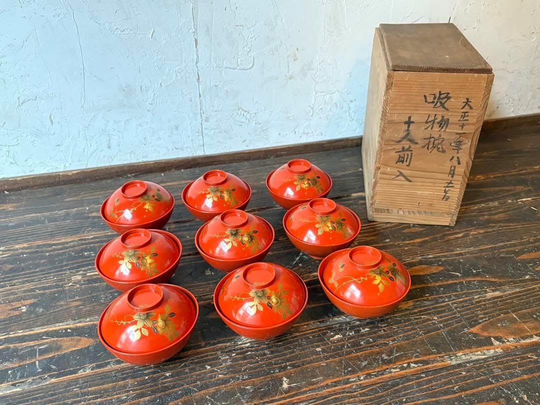 木製赤い蓋つき煮物椀 吸い物椀9個セット レトロ 和物 金彩