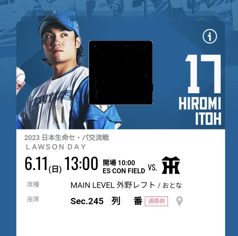 6/11 日本ハムファイターズVS阪神タイガース戦 レフト外野席 通路側 1枚