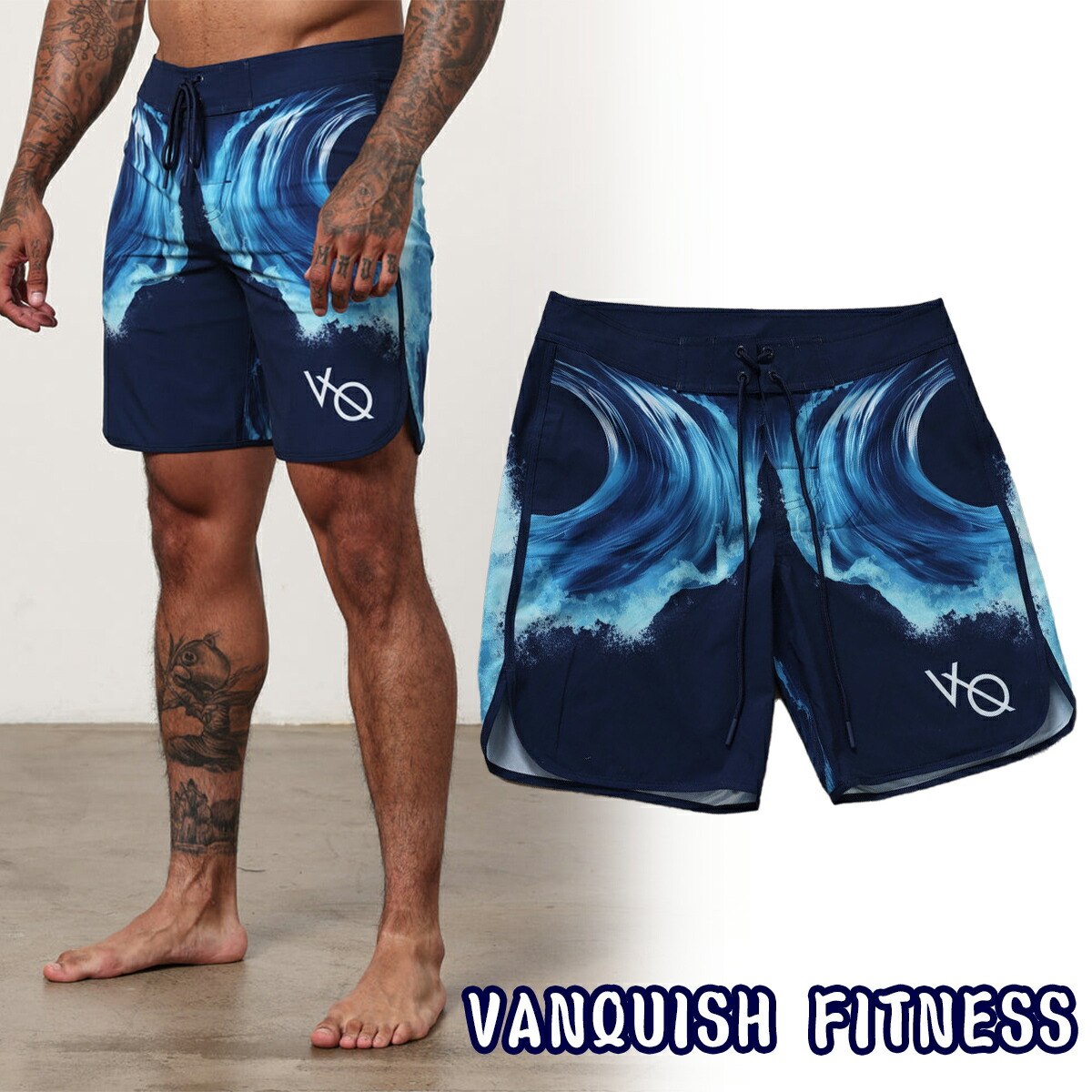 ヴァンキッシュ サーフパンツ VANQUISH FITNES VQ Blue Tidal Men’s Physique Board Shorts ボードショーツ 短パン ハーフパンツ メンズ 筋トレ ジム 大会 スポーツウェア ユ00582