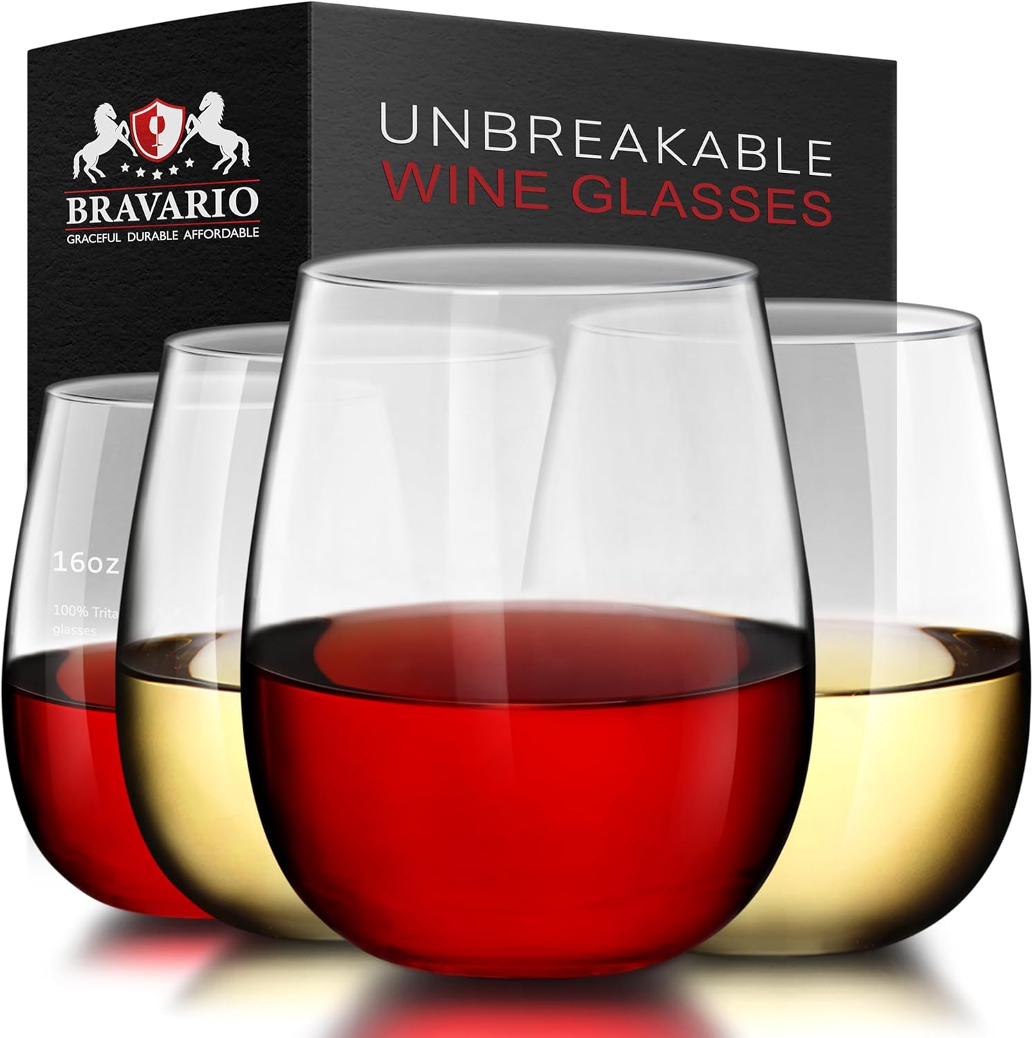 (4, 470ml) - Bravario Unbreakable Stemless Wine Glasses Set of 4 S