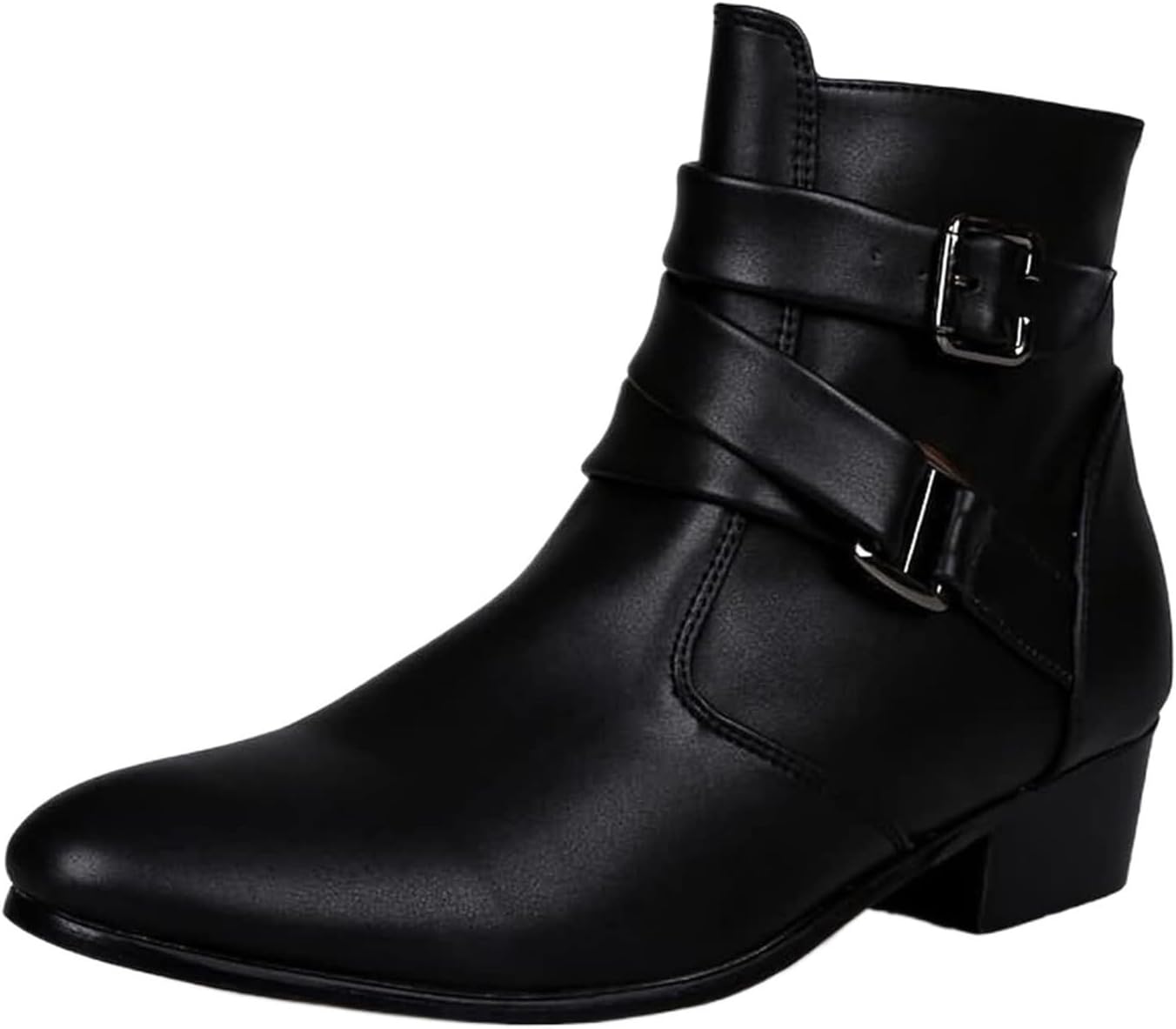 Men&#39;s Leather Pointed Toe Chelsea Boots,Buckle Straps Side Zip