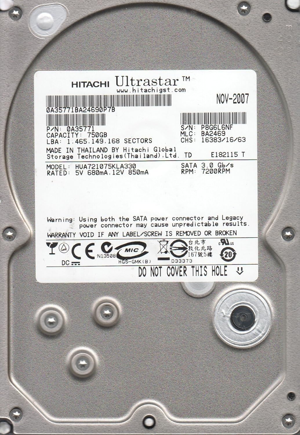 hua721075kla330、PN 0 a35771、MLC ba2469、Hitachi 750 GB SATA 3.5ハードド