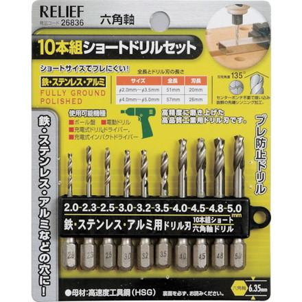 RELIEF 10本組 六角軸ショートドリル組 鉄工用 イチネンアクセス ツール事業部 切削工具 穴あけ工具 コンクリートドリル 代引不可