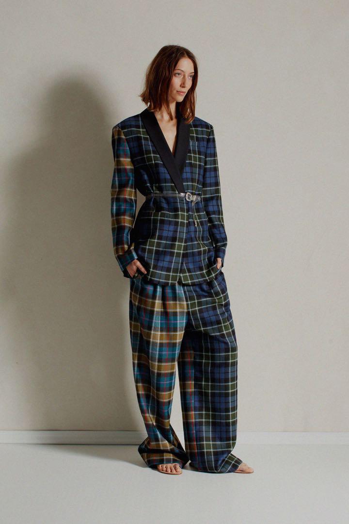 【超ポイントバック祭】 TIBI】WOOL 切替MIXタータンチェック ワイド スラックス/パンツ スーツ・フォーマル・ドレス