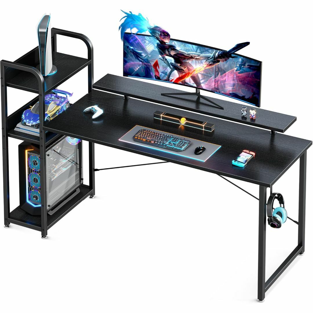 色: ブラック】ODK ゲーミングデスク pcデスク ラック付き 幅150cm