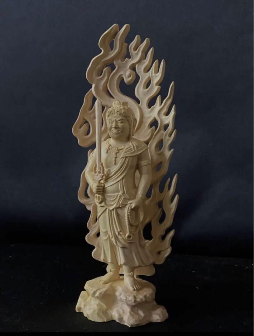 総柘植材 不動明王立像 木彫仏像 仏教工芸品 特上彫